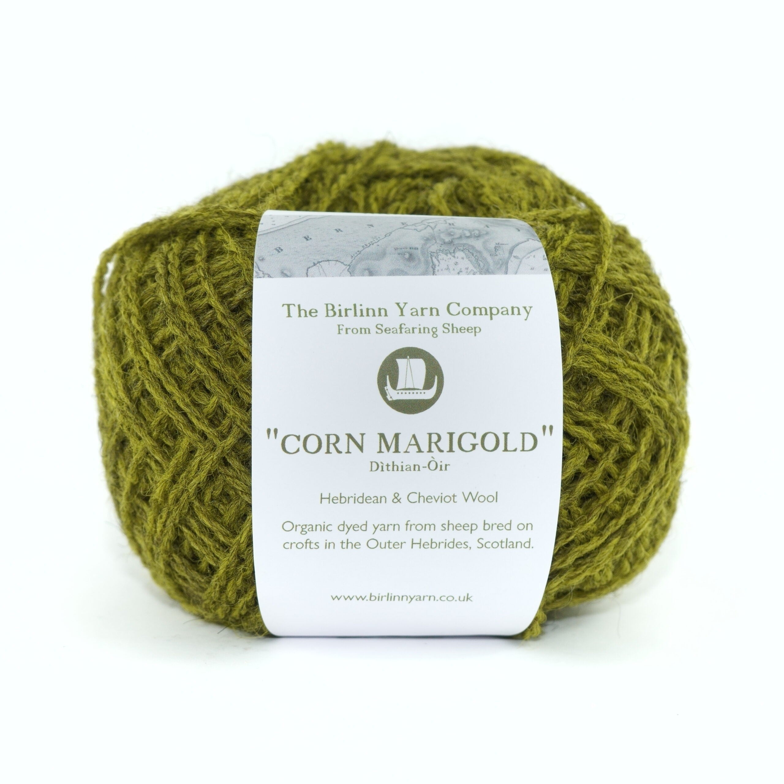 ball of Cornmarigold with label: a bright green