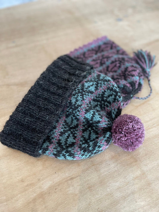 Thatching Hat, beanie with ribbed turn up, colourwork knitting and a bobble