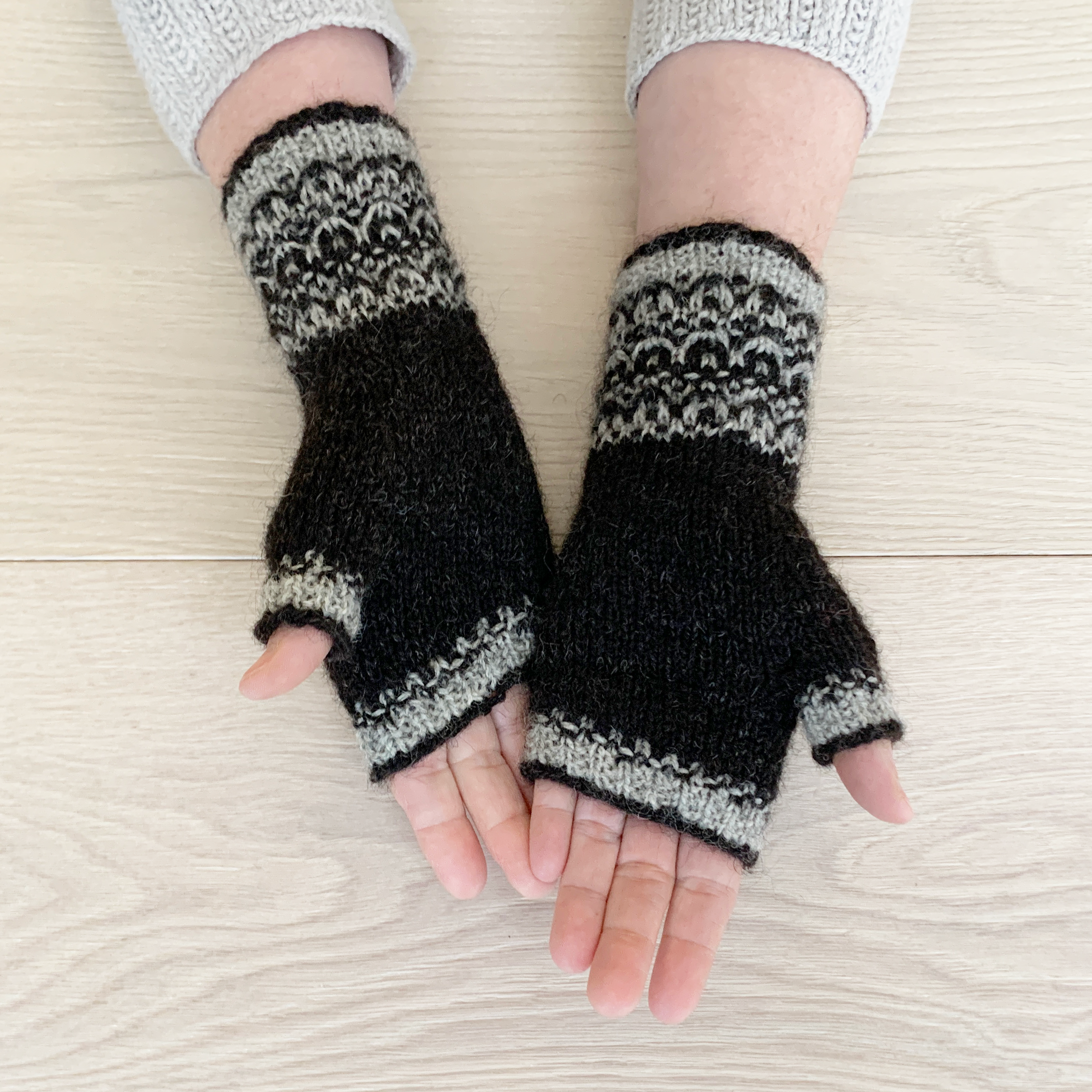 Tiny Boats by Elizabeth Doherty. Fingerless mitts with slip-stitch patterns, reminiscent of the Viking sailing ships