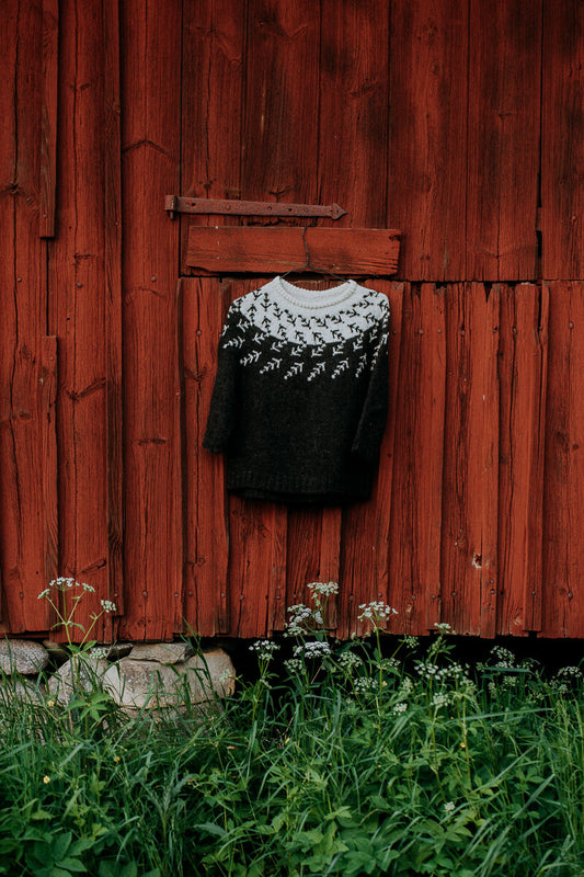 Salix Alba sweater with a circular yoke featuring a pattern resembling arrows or branches. The sweater is hanging on a red wooden wall outside